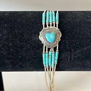 Vintage Sterling Silver Turquoise Heart Liquid Silver Bracelet